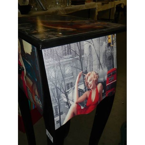 797 - A two drawer side table decorated with images of Marilyn Monroe, COLLECT ONLY.