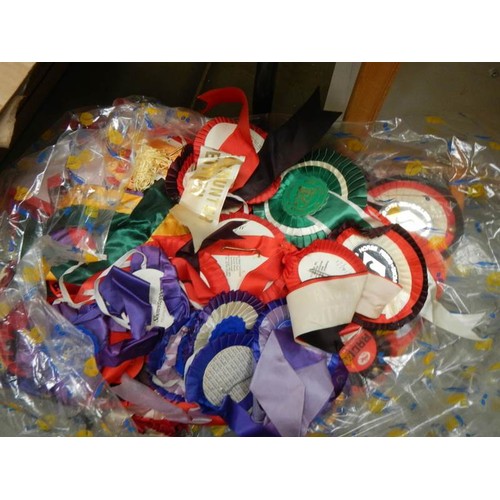 798 - Three boxes of horse rosettes, horse blanket etc., COLLECT ONLY.