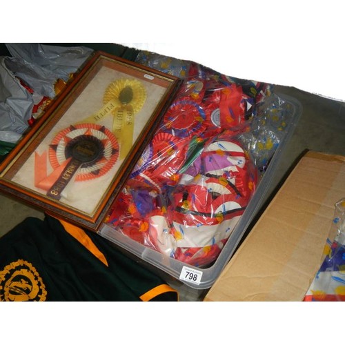 798 - Three boxes of horse rosettes, horse blanket etc., COLLECT ONLY.