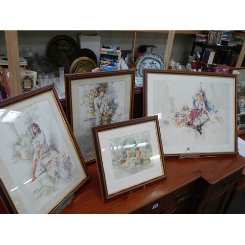 823 - Four good framed and glazed prints, signed but indistinct. COLLECT ONLY.