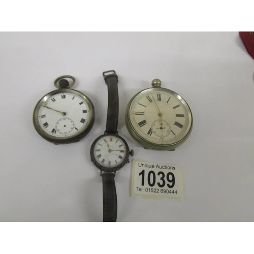 1039 - Two pocket watches and a silver ladies wrist watch, a/f for spares or repair.