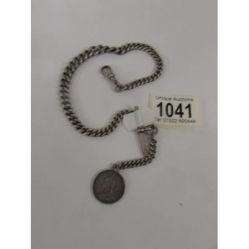 1041 - A silver watch chain with Victorian silver coin fob, 49 grams.