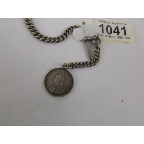 1041 - A silver watch chain with Victorian silver coin fob, 49 grams.