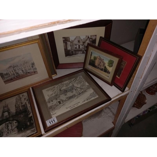 111 - A quantity of framed & glazed pictures including pencil drawings etc.