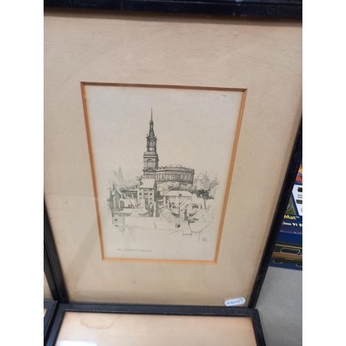 31 - 4 vintage pencil drawing prints of Palmers Jarrow Surtees House, Sandhill & 2 Churches (33cm x 24cm)