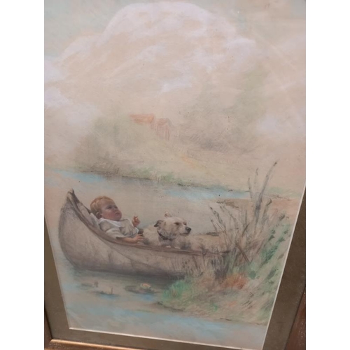 33 - An early 20th century watercolour of a baby & dog in canoe (36cm x 50cm)