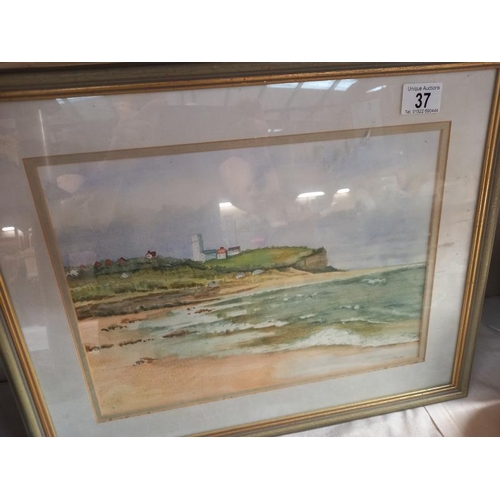 37 - 5 watercolours including Lincoln Brayford & coastline with lighthouse etc.