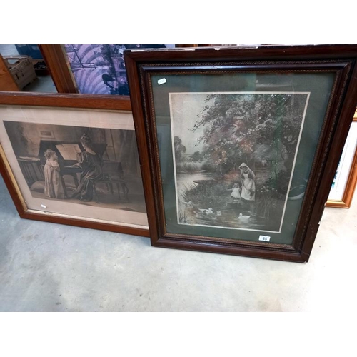 85 - 2 large Edwardian framed prints, piano player & feeding ducks