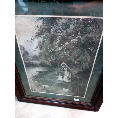 85 - 2 large Edwardian framed prints, piano player & feeding ducks