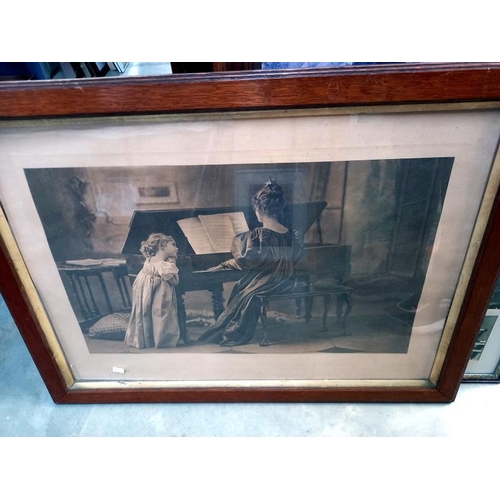 85 - 2 large Edwardian framed prints, piano player & feeding ducks