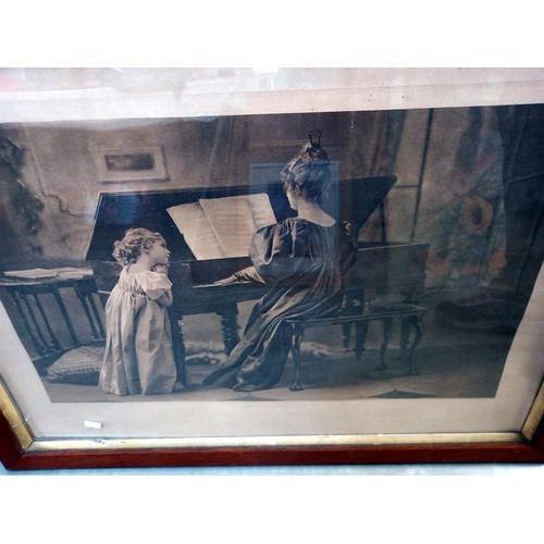 85 - 2 large Edwardian framed prints, piano player & feeding ducks