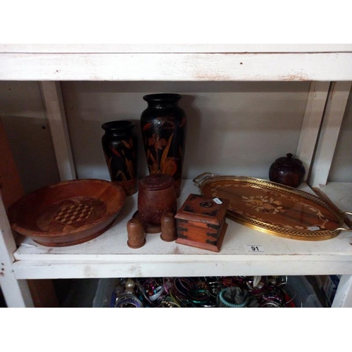 91 - A selection of wooden items including inlaid tray & carved vases etc.