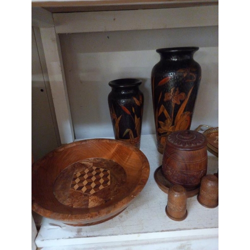 91 - A selection of wooden items including inlaid tray & carved vases etc.