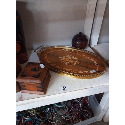 91 - A selection of wooden items including inlaid tray & carved vases etc.