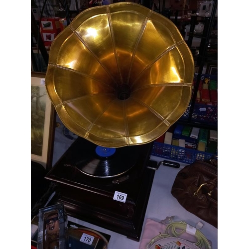 169 - A horn gramophone with brass horn, COLLECT ONLY.