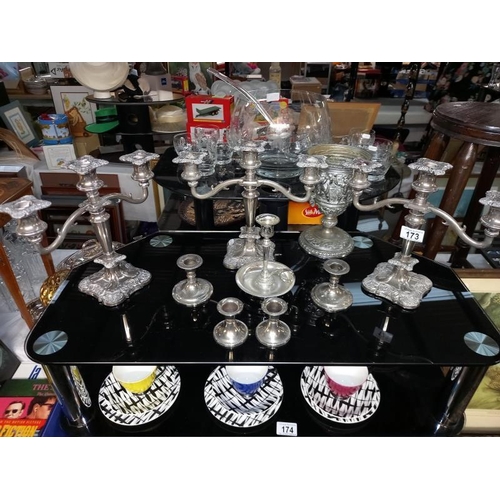 173 - 3 Silver plated candelabras and a 2 pairs of dwarf candlesticks