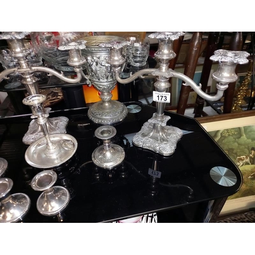 173 - 3 Silver plated candelabras and a 2 pairs of dwarf candlesticks