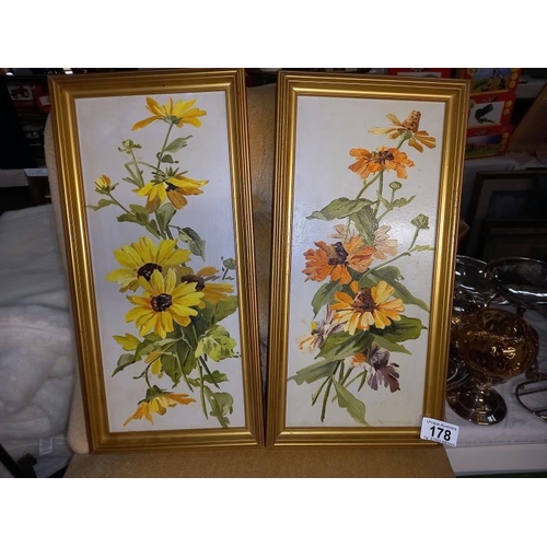 178 - A pair of gilt framed oil on board of flowers by E.W Pearson, Buffalo. NY 1908. 20cm x 40cm.