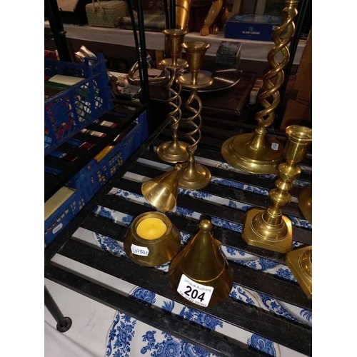 204 - 3 pairs of brass candlesticks and 1 other