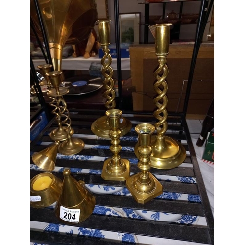 204 - 3 pairs of brass candlesticks and 1 other