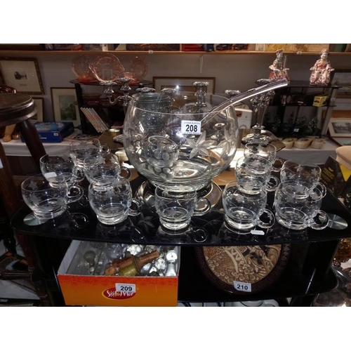 208 - A punch bowl, ladle & 11 glasses/cups. Collect Only.