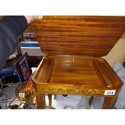 214 - An Italian inlaid musical side table, missing keys to wind up & lock, the legs wobble (height 46cm x... 