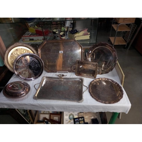 224 - A good lot of silver plate trays, tureen etc.