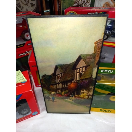 250 - 2 vintage glazed unframed prints. Thatched cottage and Windmill, 16.5cm x 34.5cm.