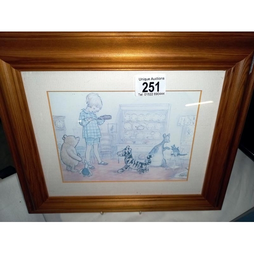 251 - A collection of Winnie the Pooh items including Border fine arts wall plaque, boxed Schylling drum, ... 