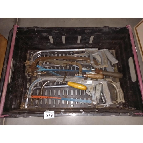 279 - A box of vintage hacksaws.