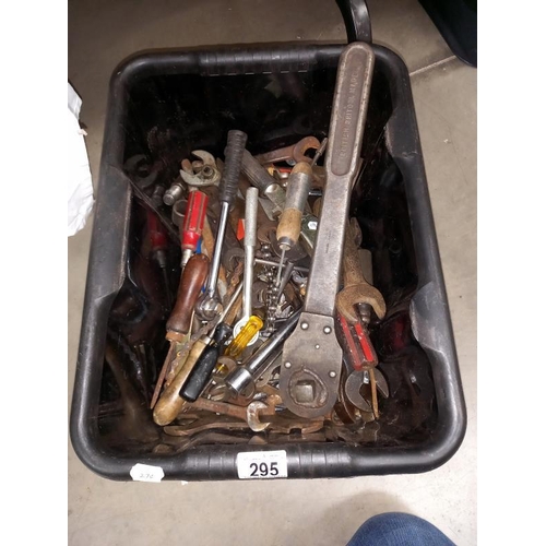 295 - A box of various hand tools, including spanners & ratchets etc.