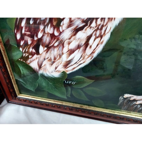 305 - A signed painting of 2 owls titled UFO and Holly, signature indistinct.