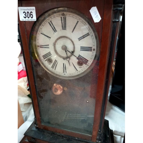 306 - An Edwardian mantle clock with pendulum, no key, 1 spring broken