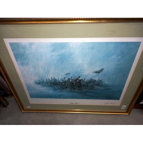 312 - A large gilt framed signed print guns of war and 1 other military themed print.