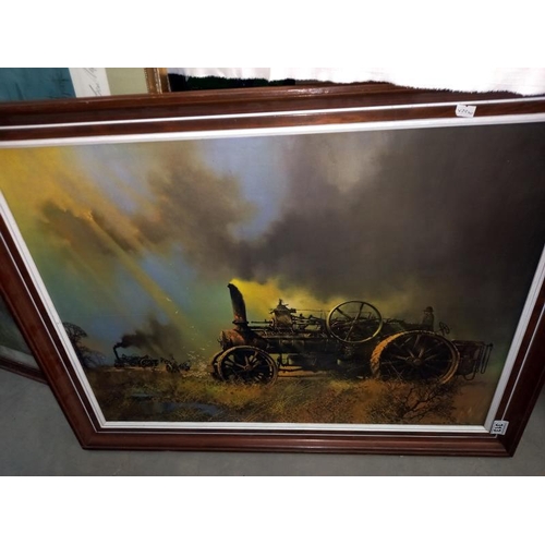 313 - A large framed print on board of a steam engine and another of a tram.