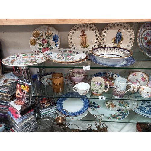 551 - Three shelves of ceramics including Chinese plates.