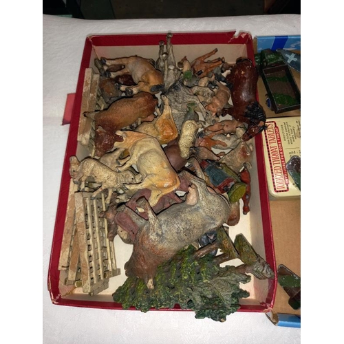 352 - A quantity of pre war Dinky aircraft and a box of vintage hard rubber/ plastic/ lead farm animals.