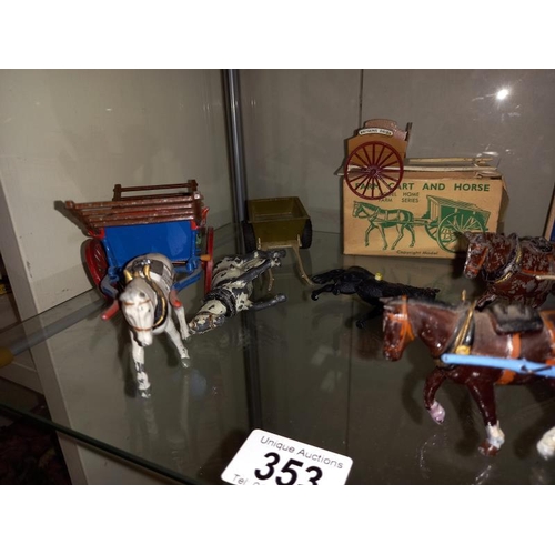 353 - 4 vintage Britain's farm carts with horses and a hay rake with horse and drawer.