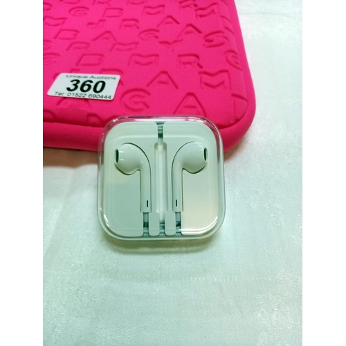 360 - A pink Marc by Marc Jones standard supply iPod case and cased Apple earbuds. Both as new