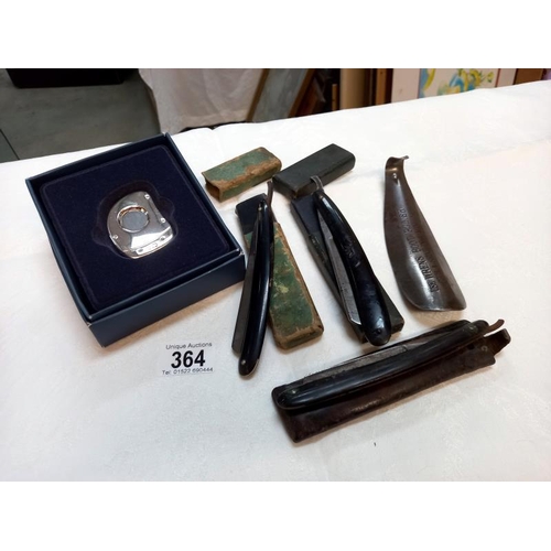 364 - 3 boxed cut throat razors, Wrens Boot polish advertising shoe horn and boxed silver plated cigar cut... 