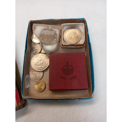 399 - A quantity of coins including proof sets, Churchill crowns etc, and cigarette cards.