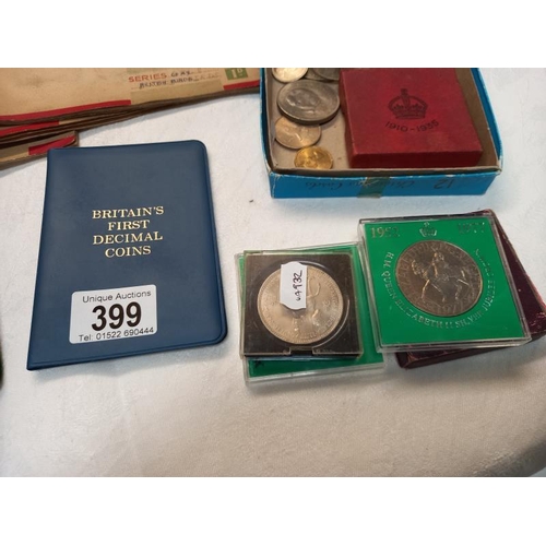 399 - A quantity of coins including proof sets, Churchill crowns etc, and cigarette cards.