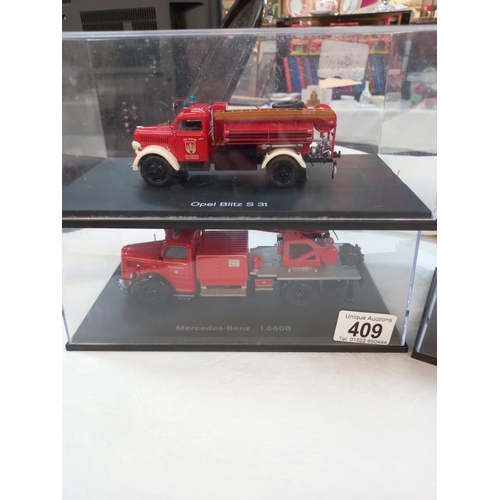 409 - 4 boxed schuco fire engines including Mercedes Benz L6600 Opel Blitz S3T