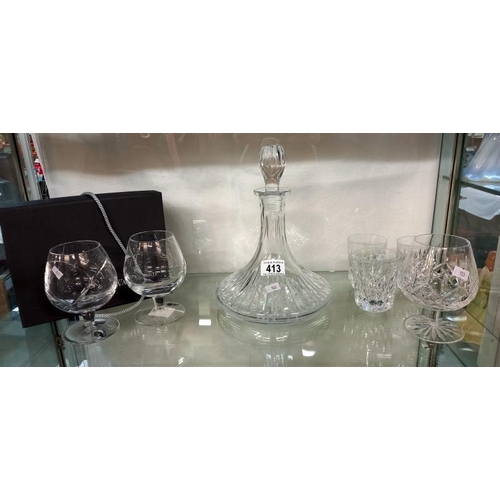 413 - A cut glass ships decanter & Waterford crystal branded glasses etc.