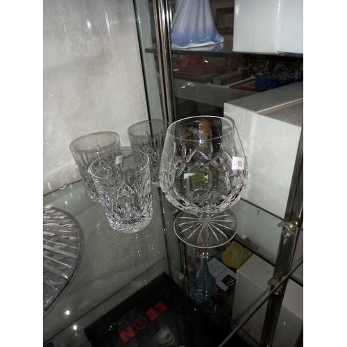 413 - A cut glass ships decanter & Waterford crystal branded glasses etc.