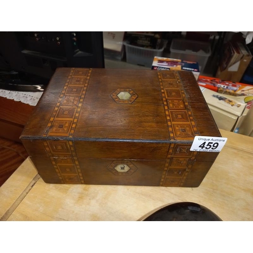 459 - A Victorian inlaid box, a pair of carved elephants, a lacquered tray and long clay pipe.