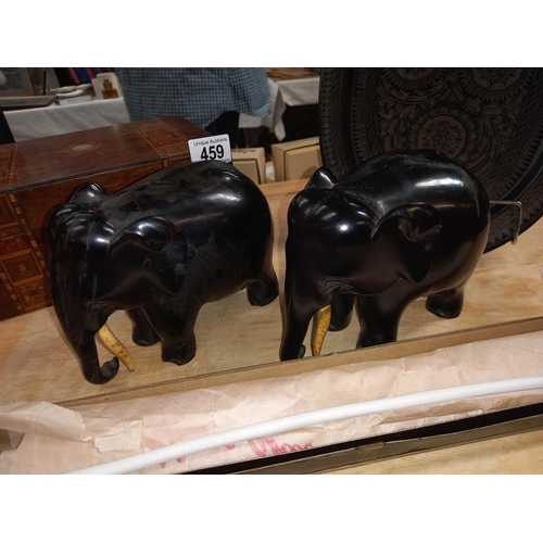 459 - A Victorian inlaid box, a pair of carved elephants, a lacquered tray and long clay pipe.