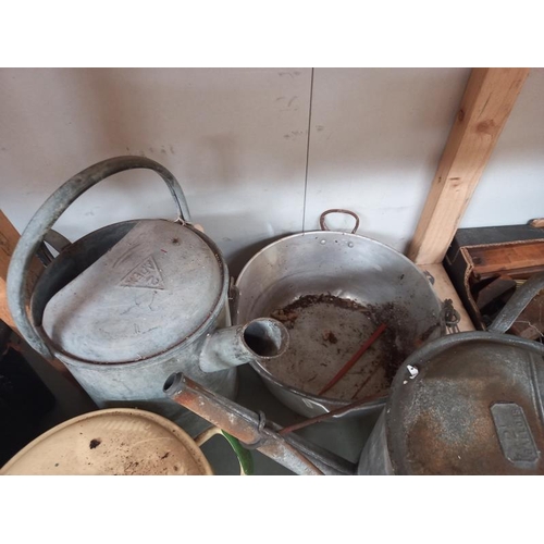 481 - 2 Vintage galvanised watering cans , jam pan and enamel lidded cooking pot. Collect Only.