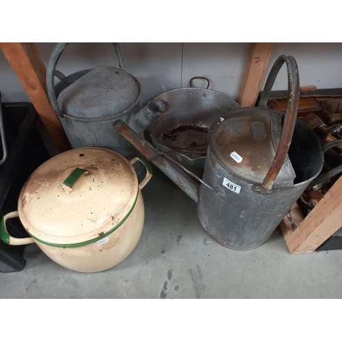 481 - 2 Vintage galvanised watering cans , jam pan and enamel lidded cooking pot. Collect Only.