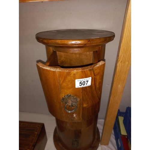 507 - A round teak 3 drawer chest. Height 61cm, top diameter 29 cm. Collect Only.